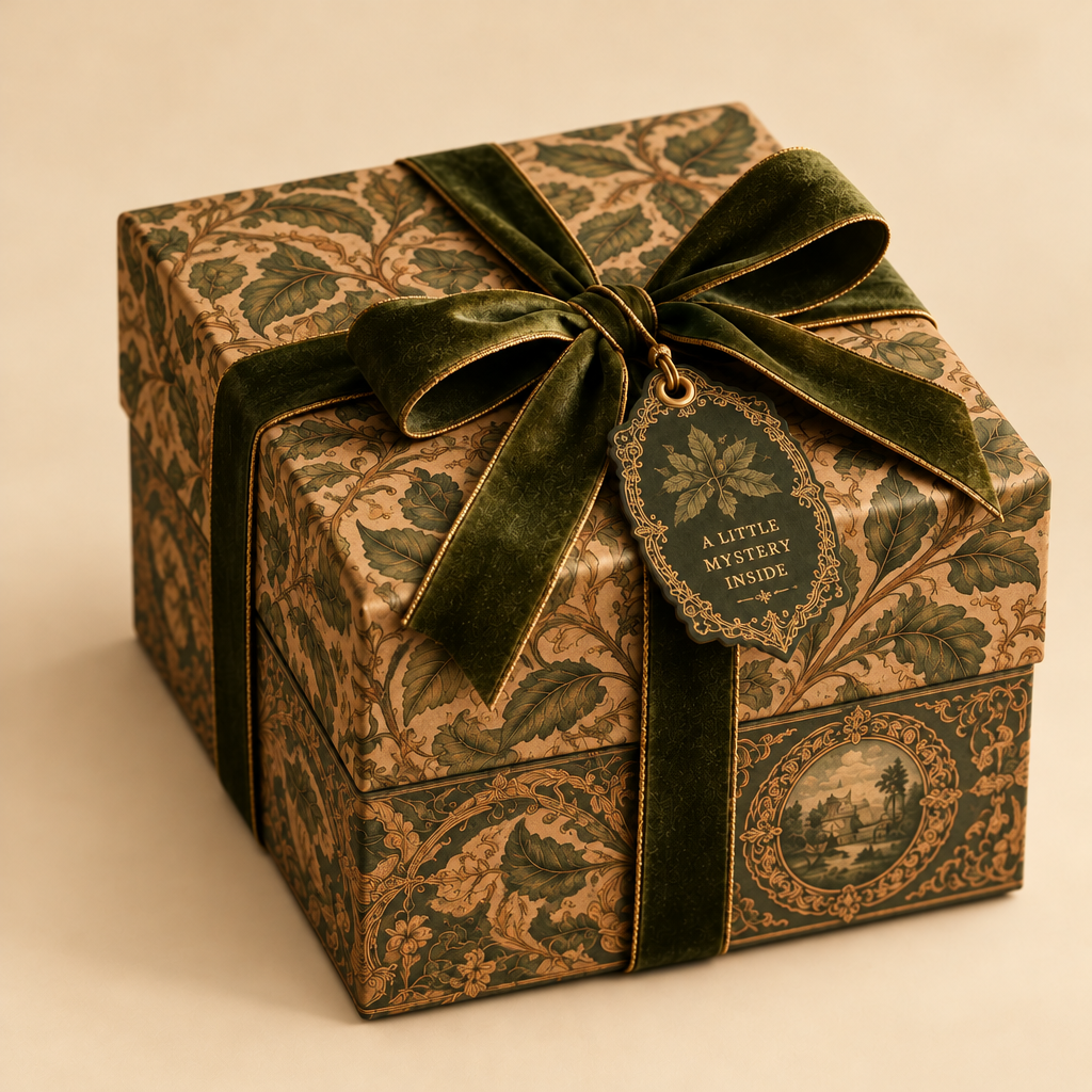 Elegant mystery gift box with vintage vines and leaves pattern in earthy browns and greens on a creamy beige background