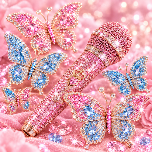 Blingy pink and blue rhinestone butterflies with a pink rhinestone microphone