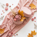 Blush and Bloom Autumn Bundle - blush pink flat lay with dried flowers and autumn leaves
