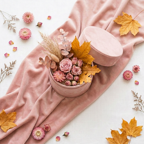 Blush and Bloom Autumn Bundle - blush pink flat lay with dried flowers and autumn leaves