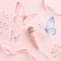 Soft pink and blue butterflies with a delicate microphone on a pastel pink background
