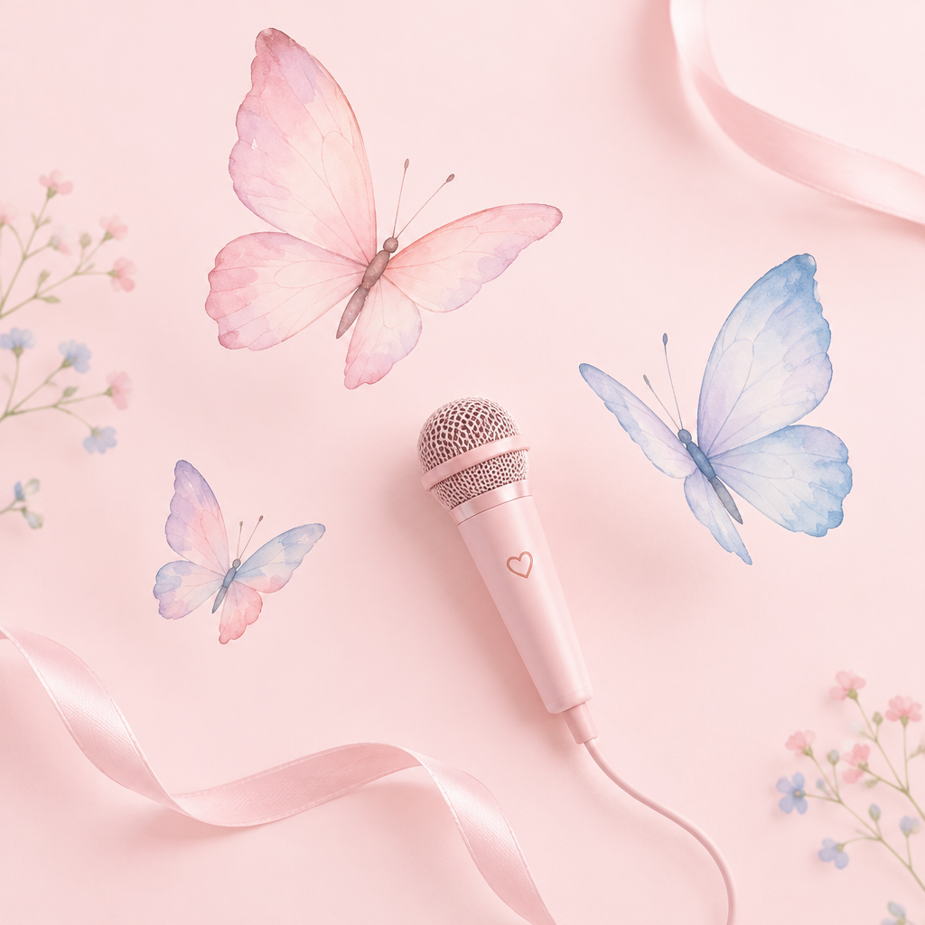 Soft pink and blue butterflies with a delicate microphone on a pastel pink background